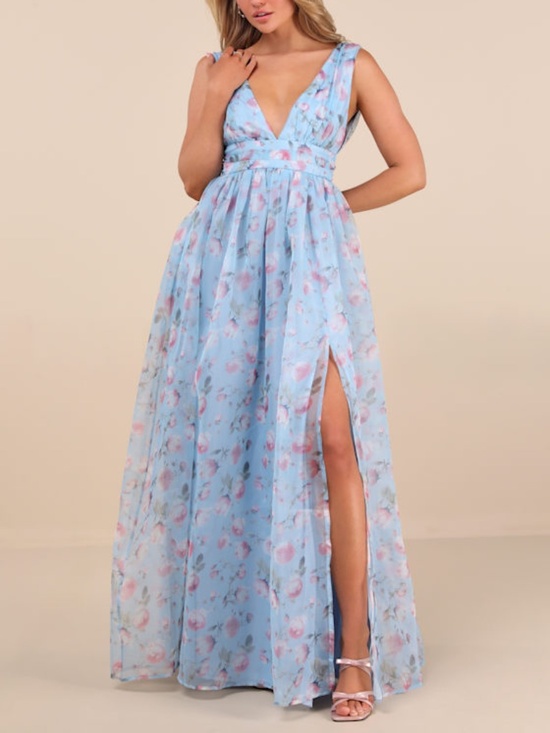 Lulus Dresses & Skirts - Lulus Garden Romance Light Blue Floral Print Organza Maxi Dress - Size XL